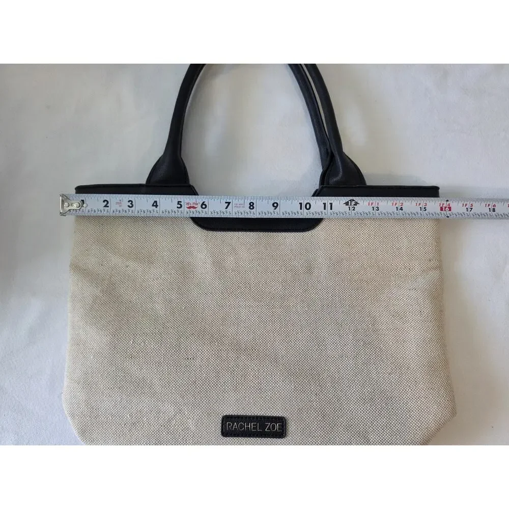 Rachel Zoe Capri Canvas Tote Bag Beige Black Linen Vegan Leather Shoulder Purse
